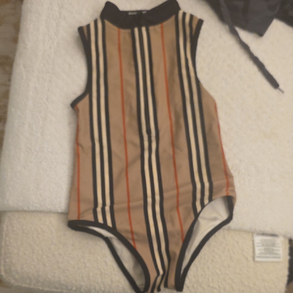 Burberry Striped High-Neck One-Piece in Tan, Black, Cream